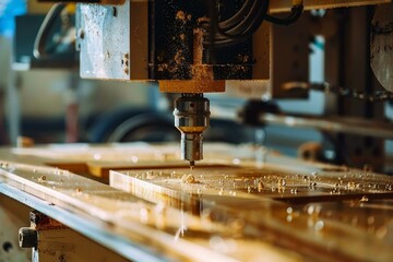 Cnc machine routing wood in a carpentry workshop with sawdust flying around