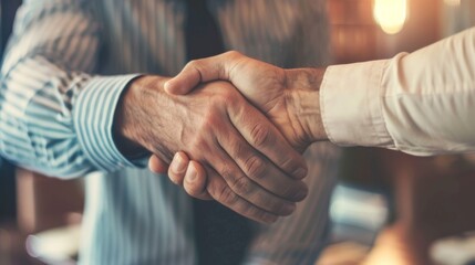 Fototapeta premium Firm handshake between two individuals in a professional setting, indicating cooperation and mutual agreement.