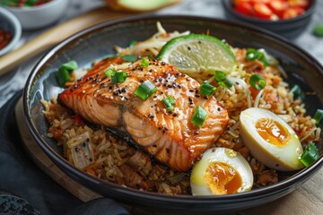 Fototapeta premium Flavorful Nasi Goreng with Salmon - Savory Indonesian Fried Rice Dish with Aromatic Seafood Flavors