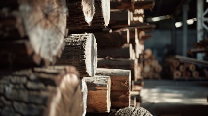 Neatly stacked rough-hewn logs create a harmonious pattern in a sunlit lumber yard, illustrating the beauty of raw, natural materials.