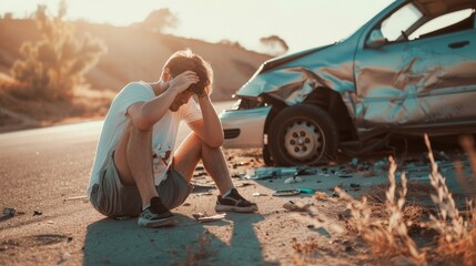 A distressed man sits by a wrecked car on a deserted road, embodying despair and the aftermath of an accident under a warm, setting sun.