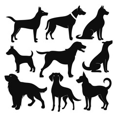 A versatile collection of dog silhouettes in vector format. Ideal for logos, prints, and design projects that feature various canine breeds in minimalist and elegant black and white outlines.