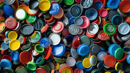 An array of colorful bottle caps piled together, highlighting the beauty in everyday objects through vivid colors and variety in design.