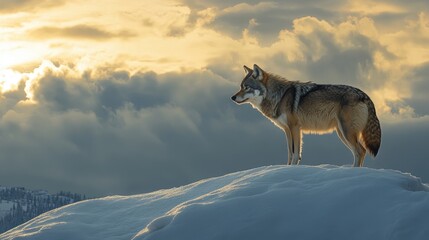 Obraz premium Lone Wolf on a Snowy Ridge at Sunset