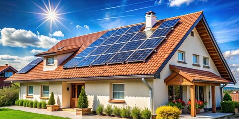 Modern single-family home with new photovoltaic solar panels on tiled roof