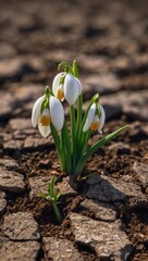 Single small plant with white flowers and green leaves emerging from cracked dry soil