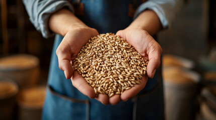 "A successful young farmer holds soybean grains in their hands, with a combine harvester operating in the soybean field behind them, highlighting an agricultural concept. This close-up captures hands