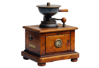 a wooden coffee grinder with a circular handle. 