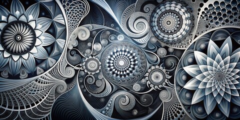 Moody abstract background featuring intricate geometric shapes and swirling patterns in varying shades of black, white,