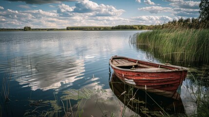 Fototapeta premium An abandoned red boat floats on a calm lake in a pastoral setting, reflecting serenity, forgotten stories, and the passage of time against a picturesque backdrop.
