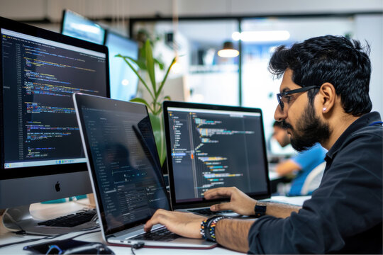 Full Stack Developer Front End businessman typing on his laptop at a desk