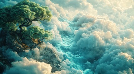 Floating island with pine trees and misty mountains in a dreamy sky