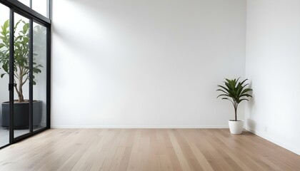 Fototapeta premium A minimalist white room with a wooden floor and a potted plant.
