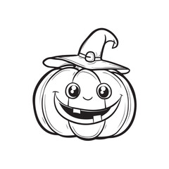 pumpkin with witch hat cutting halloween smile scary cartoon lie art for coloring kids decorative black and white isolated tattoo logo beautiful high quality vector color book page
