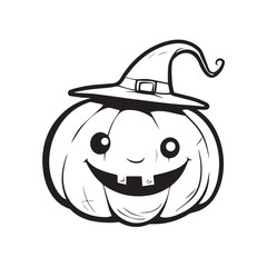 pumpkin with witch hat cutting halloween smile scary cartoon lie art for coloring kids decorative black and white isolated tattoo logo beautiful high quality vector 