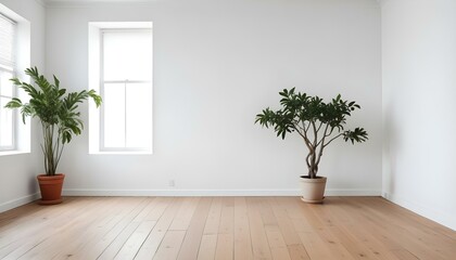 A minimalist white room with a wooden floor and a potted plant.