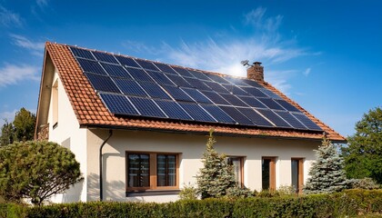 Obraz premium A house equipped with solar panels adorning its roof presents an ideal backdrop for sustainable energy-themed content. These panels symbolize eco-consciousness and renewable energy