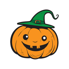 pumpkin with witch hat cutting halloween smile scary cartoon sticker decorative isolated on white tattoo logo beautiful high quality vector 