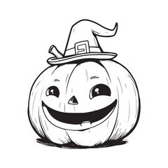 pumpkin with witch hat cutting halloween smile scary cartoon lie art for coloring kids decorative black and white isolated tattoo logo beautiful high quality vector 
