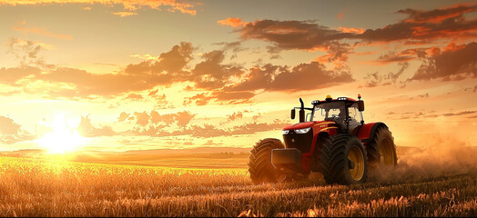 Fototapeta premium A red tractor is driving through a field of wheat