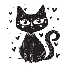 cute halloween black cat cartoon decorative black and white isolated tattoo logo hearts love beautiful high quality vector 