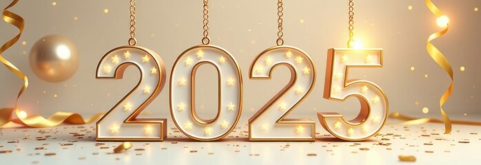 Happy New Year 2025. Decoration of golden white 3D hanging numbers with ribbons and confetti, holiday card design