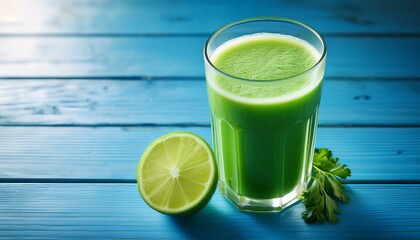 Fototapeta premium A refreshing glass of green juice sits atop a blue wooden table, creating a vibrant and appetizing scene