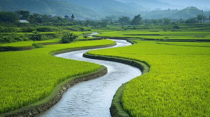 Lush green rice fields stretch across landscape, with winding river flowing through vibrant scenery. serene environment showcases beauty of nature and agriculture.