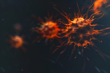 An abstract representation of three glowing virus particles in motion against a dark background, signifying health and biology themes.