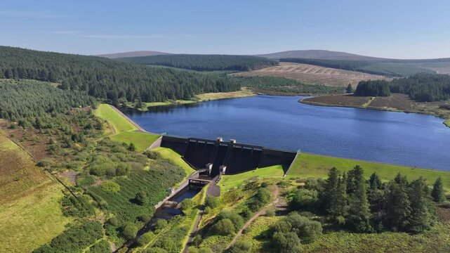 Aerial Video of Altnahinch Reservoir Dam Slievenahanaghan Mountain Co Antrim Northern Ireland