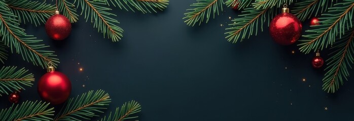 Christmas or New Year background with Christmas tree branches dark background red glass balls decoration, fir branches. Top view copy space