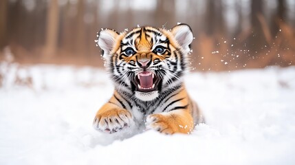 Obraz premium A heartwarming image of a lively tiger cub playfully running in the snow, with a joyful expression captured beautifully.