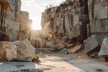Sunlight streams through a gap between massive stone formations in an abandoned quarry, casting a warm glow and long shadows on the rocky terrain below.