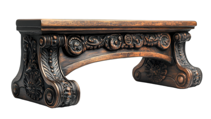 a brown wooden bench with carved designs. 