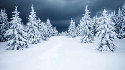 Fototapeta premium Serene Snow-Covered Forest Path Under Dramatic Dark Skies