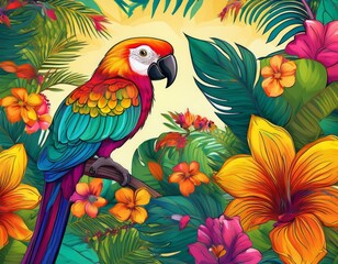 Fototapeta premium An exotic tropical pattern features vibrant parrots and colorful flowers, evoking the lush beauty and vibrancy of tropical landscapes