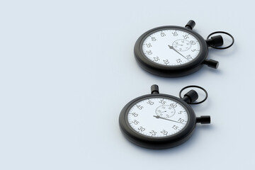 Scattered black stopwatches on light gray background. Sports equipment. Vintage chronometer. Time counter. Copy space. 3d render