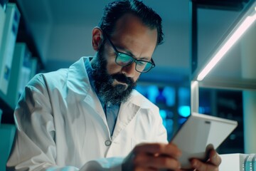 A bearded scientist in a lab coat closely examining a tablet in a dimly-lit laboratory filled with scientific equipment.
