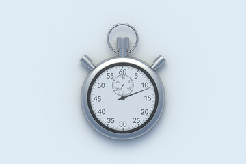 One stopwatch on light gray background. Sports equipment. Vintage chronometer. Time counter. Top view. 3d render