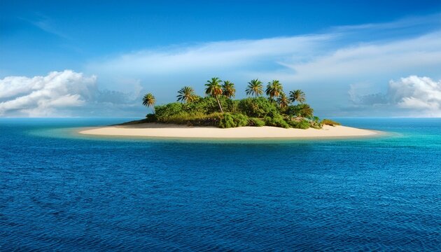 An isolated desert island surrounded by vast ocean waters, offering a serene yet solitary landscape created by Generative AI