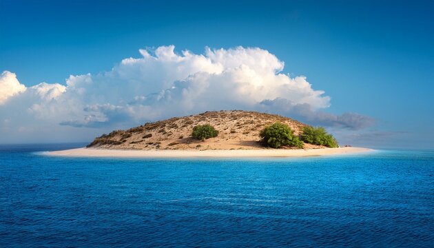 An isolated desert island surrounded by vast ocean waters, offering a serene yet solitary landscape created by Generative AI