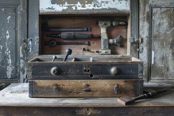 Vintage toolbox filled with old, worn-out tools sits open on a rustic workbench, telling tales of countless repairs and handiwork.