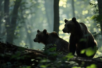 Fototapeta premium Two brown bears walk through a misty, sunlit forest, evoking a sense of wilderness and adventure.