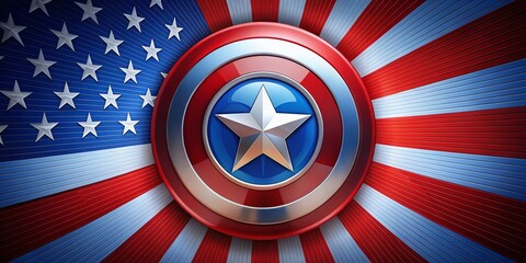 Patriotic superhero emblem set against a bold, star-spangled background, featuring a 3D shield with red, white, and