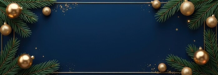 Christmas card. Frame borders made of gold balls, decorations, fir branches on dark blue background. Luxury style. 