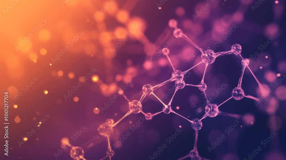 Poster An abstract representation of molecules and chemical structures with vibrant colors on a gradient background. Generative AI