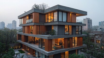 Fototapeta premium Create a permeable facade apartment in Tehran with geometric timber patterns and minimalist design elements, in the afternoon
