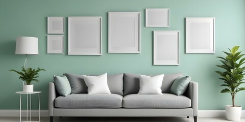 A modern living room with a gray sofa, white and gray throw pillows, and three empty white frames on a mint green wall.