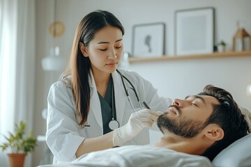 Fototapeta premium A young Asian nurse is performing a medical check-up on an American man lying in bed