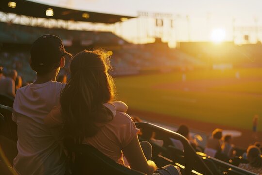 A couple watches a sunset at a baseball stadium, wrapped in each other's arms, capturing a moment of love and leisure during a game.